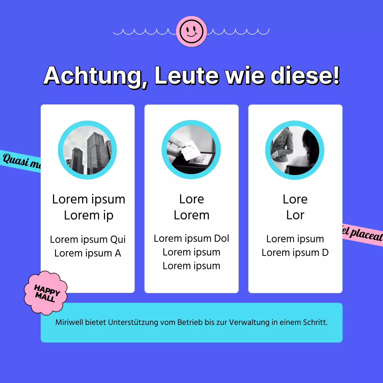 Erklärung des blauen Einkaufszentrums für Unternehmen mit einem Aufkleberkonzept CardNews