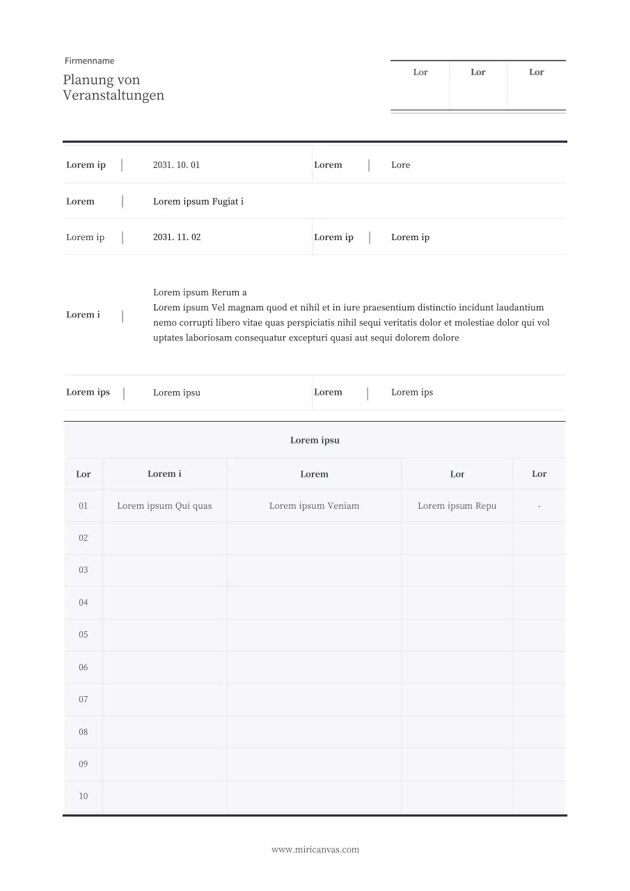 Ein einfacher, tabellarischer Veranstaltungsplaner in Marineblau