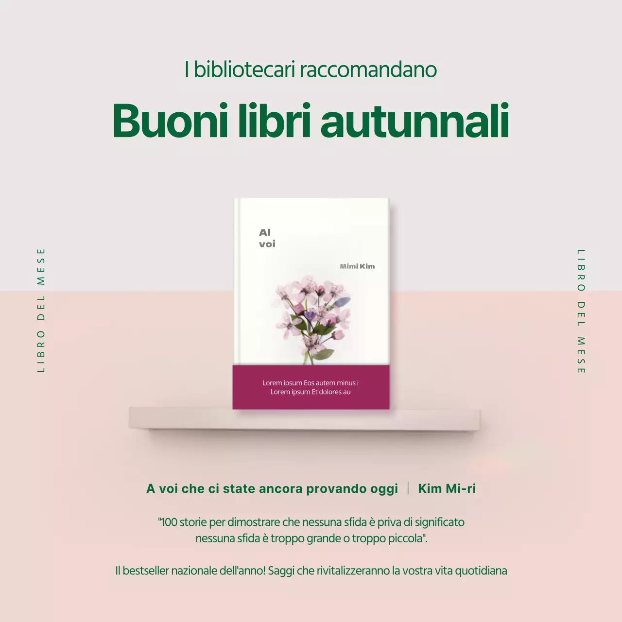 Promuovere un libro del mese con libri a scaffale verdi e rosa