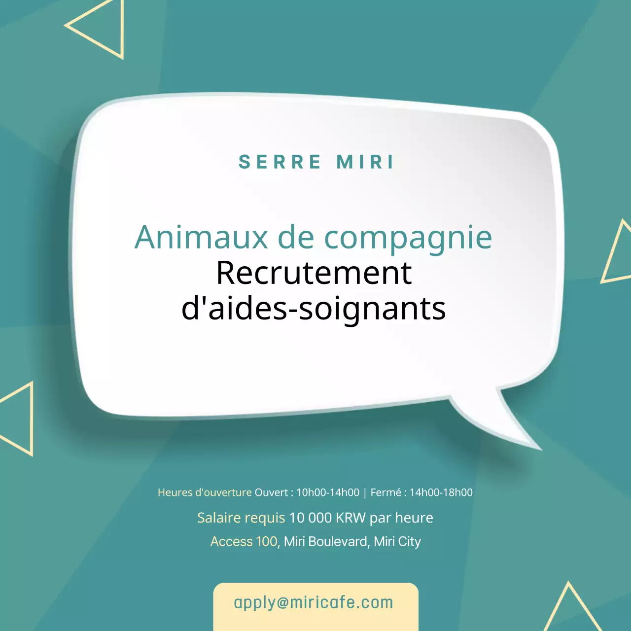 Offre d'emploi sur fond turquoise et motif triangulaire V2