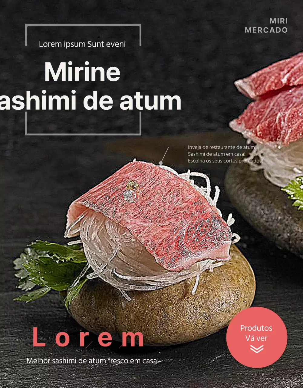 Página de pormenor sobre a venda de atum de qualidade superior em cores escuras