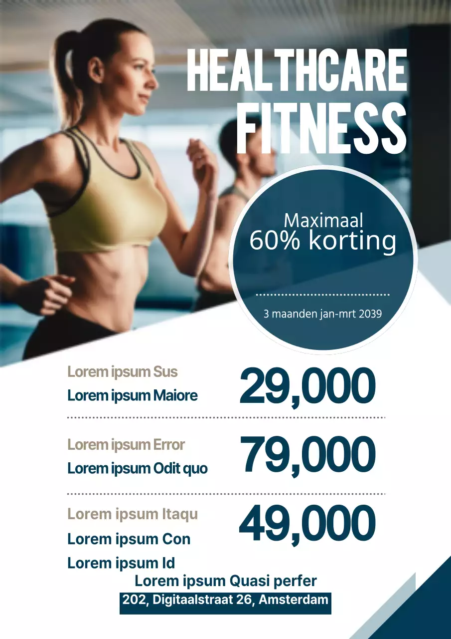 Flyer voor evenement met korting op fitness in marineblauw en wit