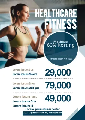 Flyer voor evenement met korting op fitness in marineblauw en wit