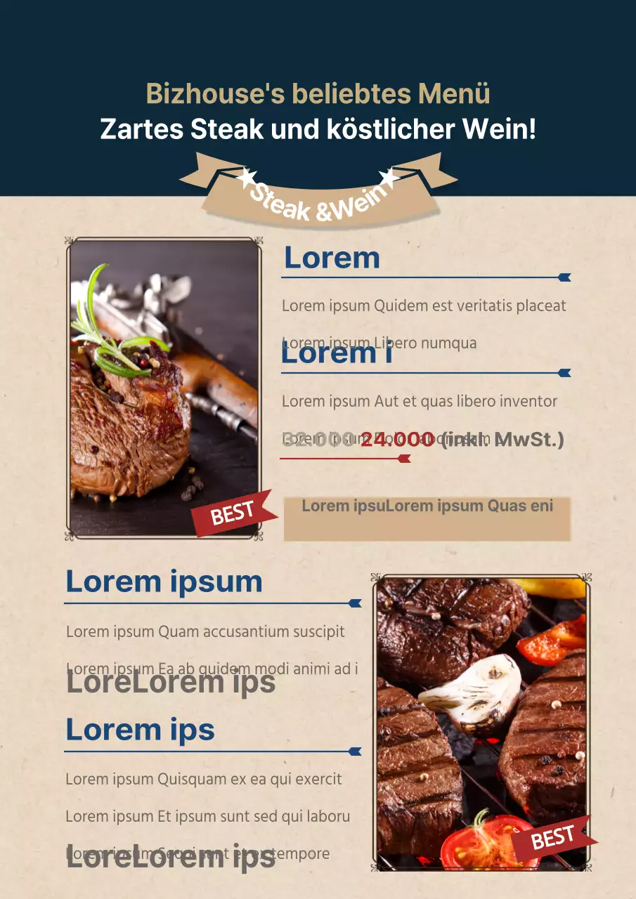 Bewerben Sie Veranstaltungen und Menüs mit klaren Fotos von Steaks in Marineblau und Elfenbein.