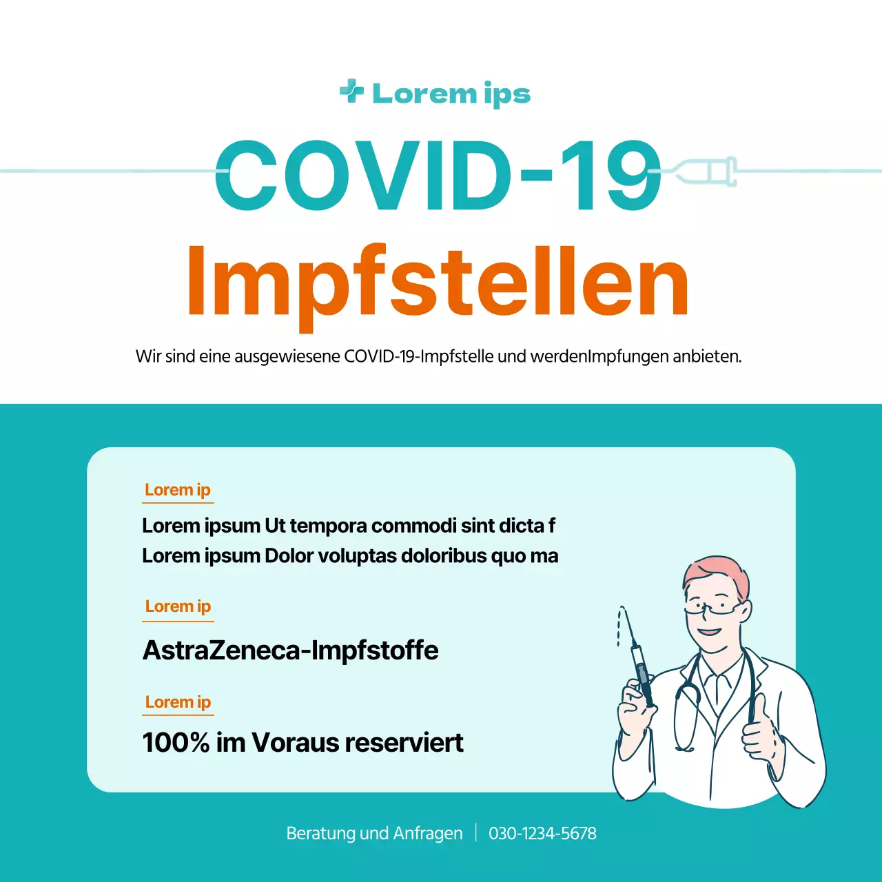 Quadratisches Coronavirus-Impfplakat mit mintgrüner und orangefarbener Illustration und Tabelle