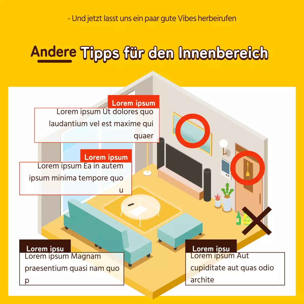 Illustriertes Feng Shui-Interieur in Gelb und Braun