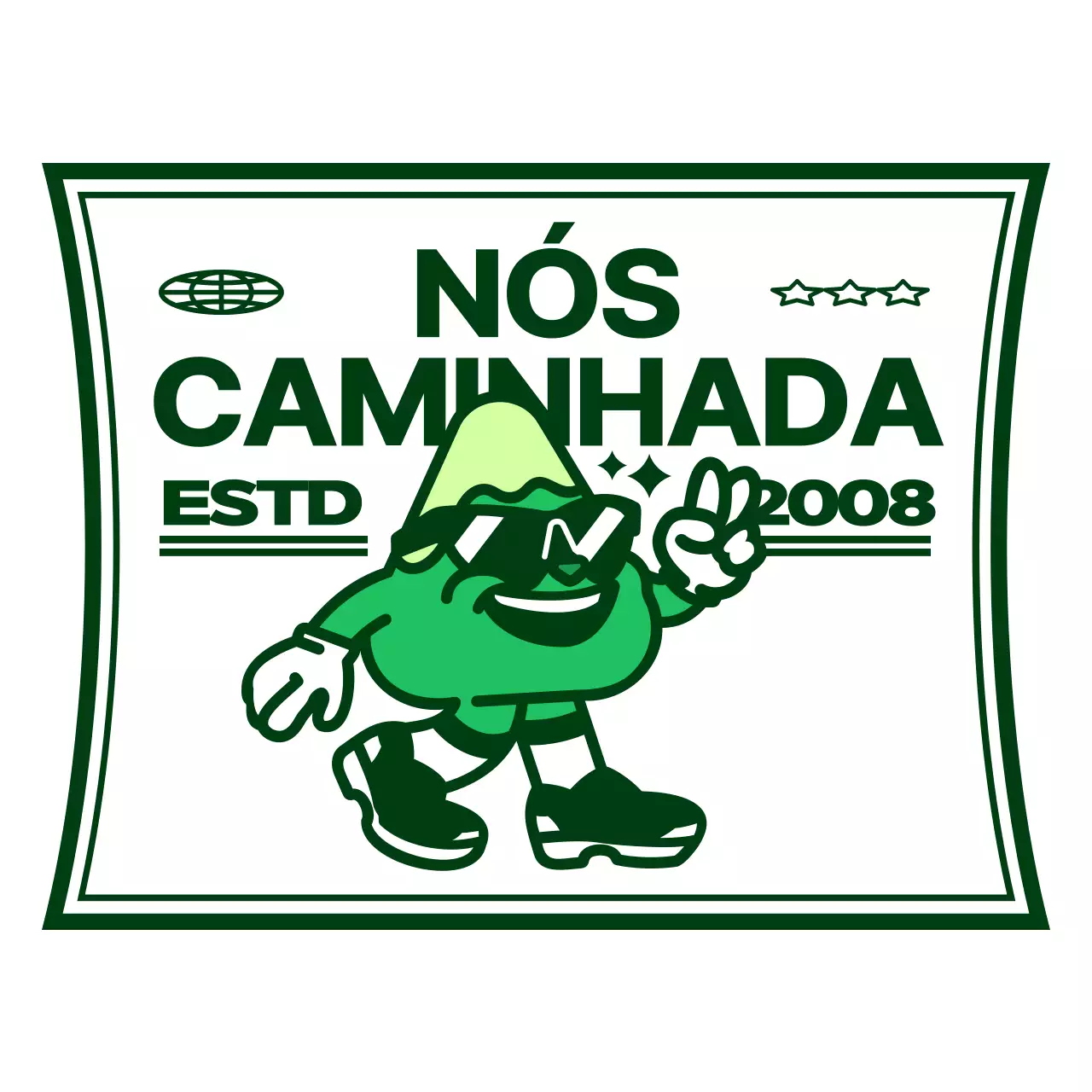 Presente de clube ao estilo de logótipo com uma personagem de montanha gira e moderna em verde e branco.