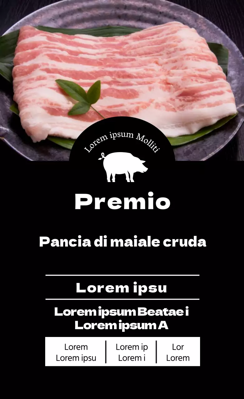 Etichetta alimentare della pancia di maiale con foto nera