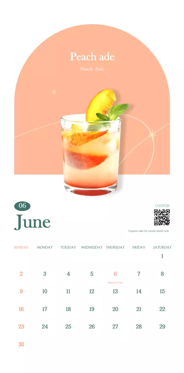 Cafe calendar with drink of the month recommendations