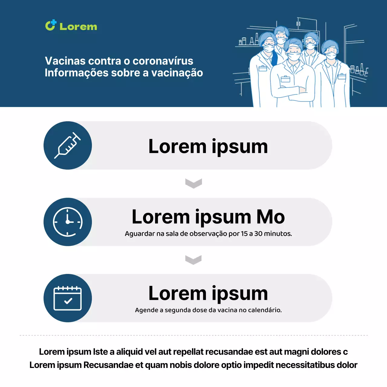 Cartaz quadrado de vacinação contra o coronavírus com tabela infográfica e ilustração em tons de azul-marinho