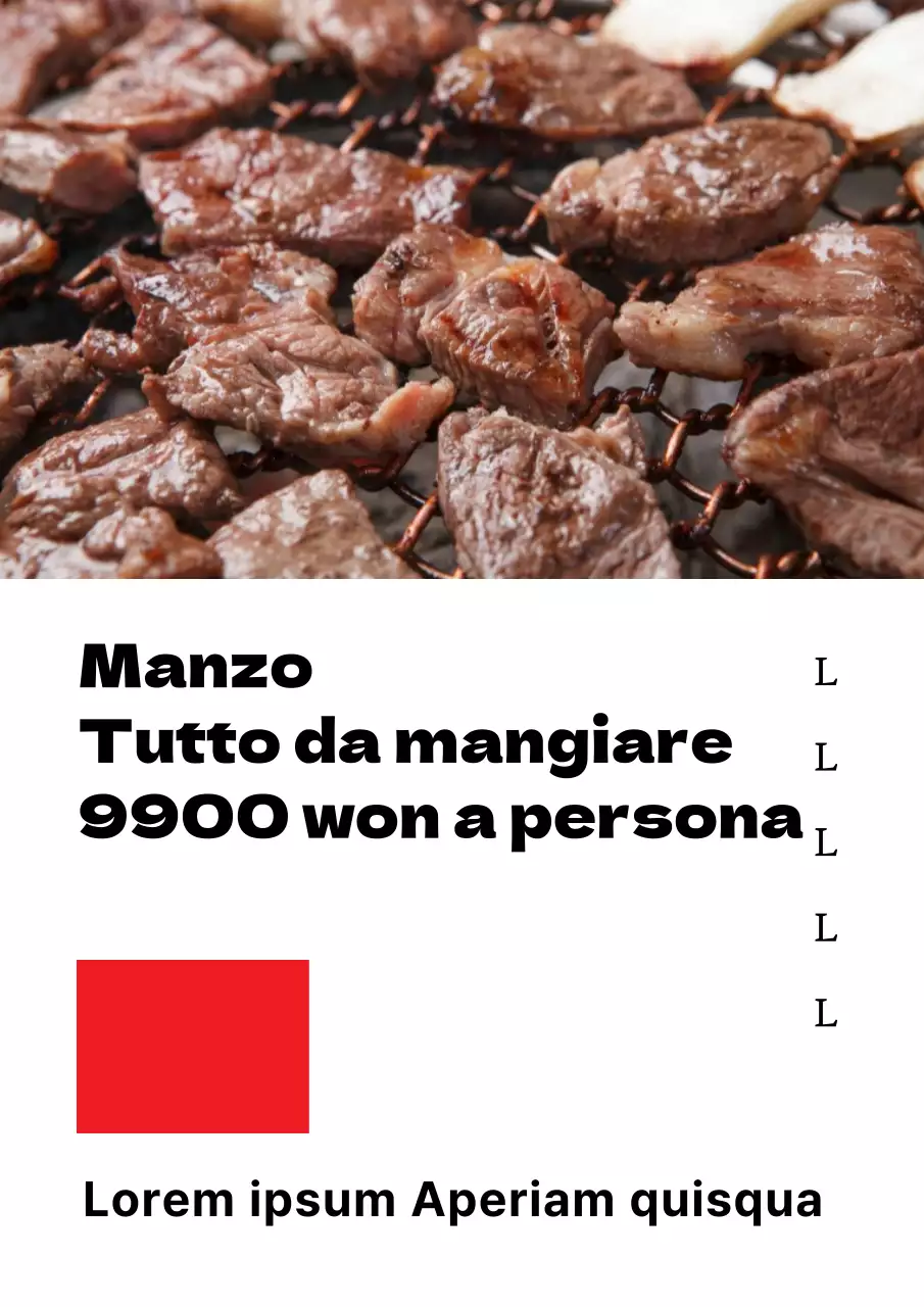 Promuovete un semplice negozio di carne bovina all-you-can-eat con foto di carne nera e rossa alla griglia.