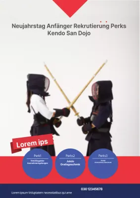 Werbematerial für eine Kendo-Schule mit dem Bild eines Kindes, das Kendo in Blau und Rot betreibt.