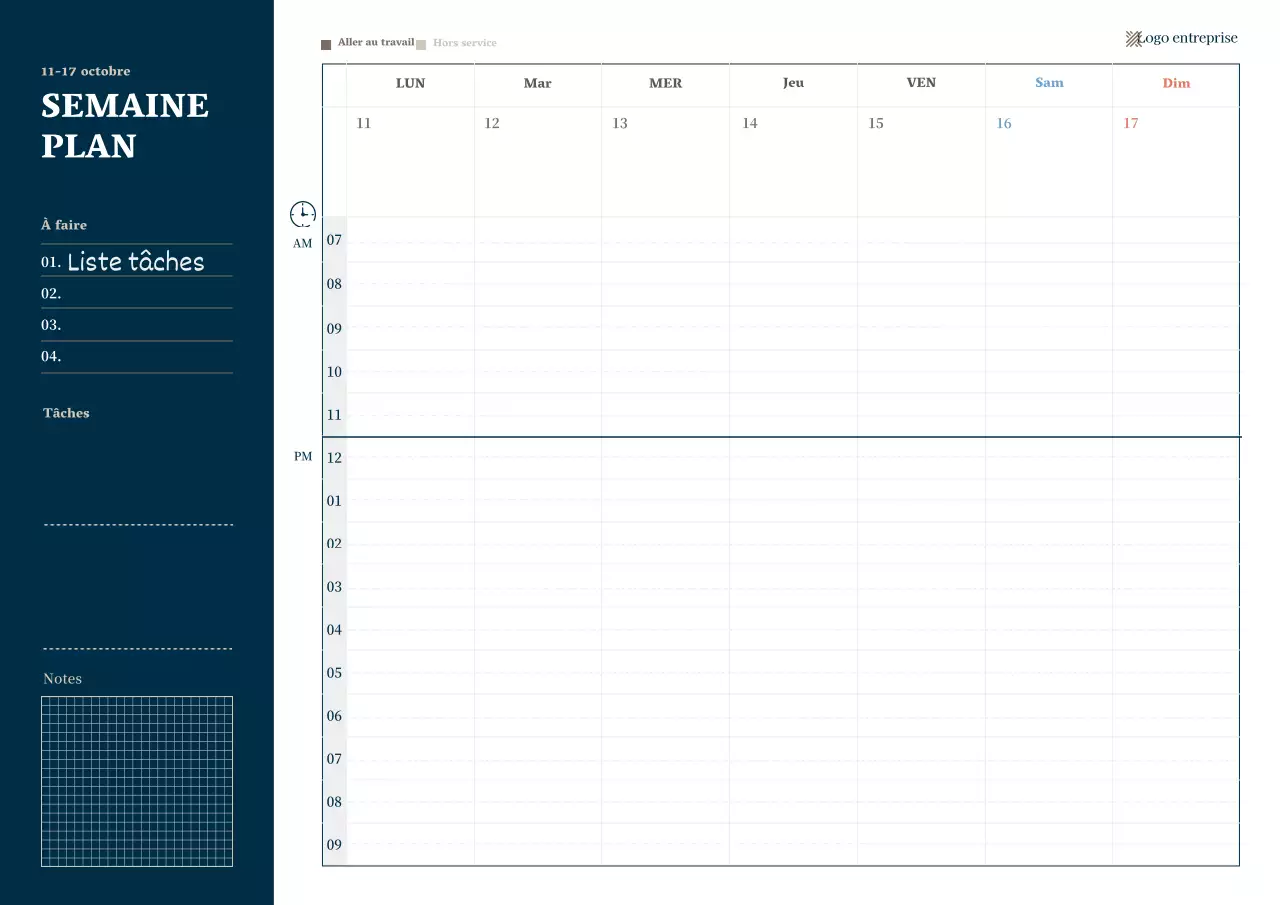 Agenda numérique hebdomadaire simple de style professionnel bleu marine