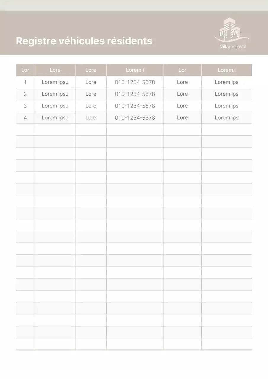 Registre du parc automobile des locataires de l'appartement beige Gestion du parc automobile du bureau de l'agent de sécurité