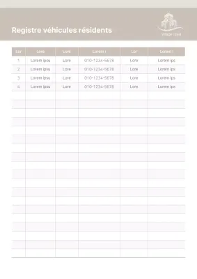 Registre du parc automobile des locataires de l'appartement beige Gestion du parc automobile du bureau de l'agent de sécurité