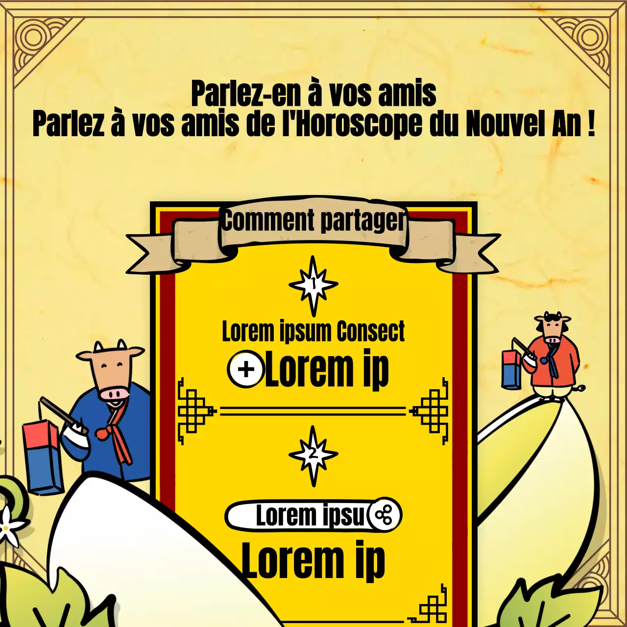 Illustration d'un personnage traditionnel de vache jaune pour dire la bonne aventure du Nouvel An