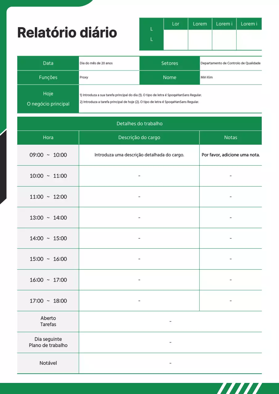 Um simples relatório diário a preto e verde