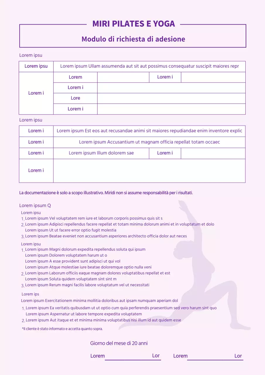 Mauve Pilates Yoga Modulo di iscrizione Contratto Lezioni di allenamento Termini e condizioni di iscrizione