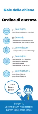 Istruzioni per l'ingresso e l'uscita dalla chiesa, ordinate e di colore bianco-blu.