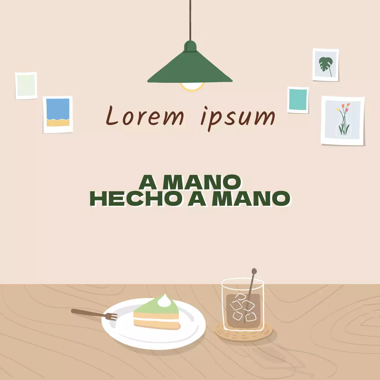 Verde beige ilustración interior moderno casa cafetería evento promoción