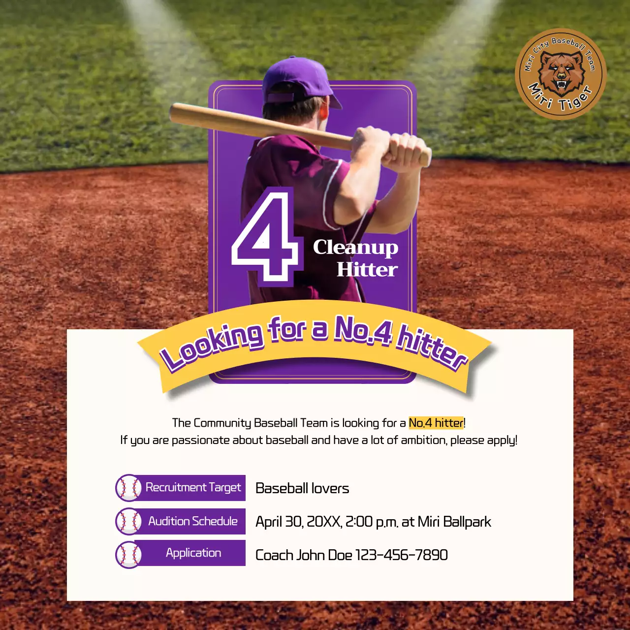 Purple Sporty Baseball Recruitment Social Media Post