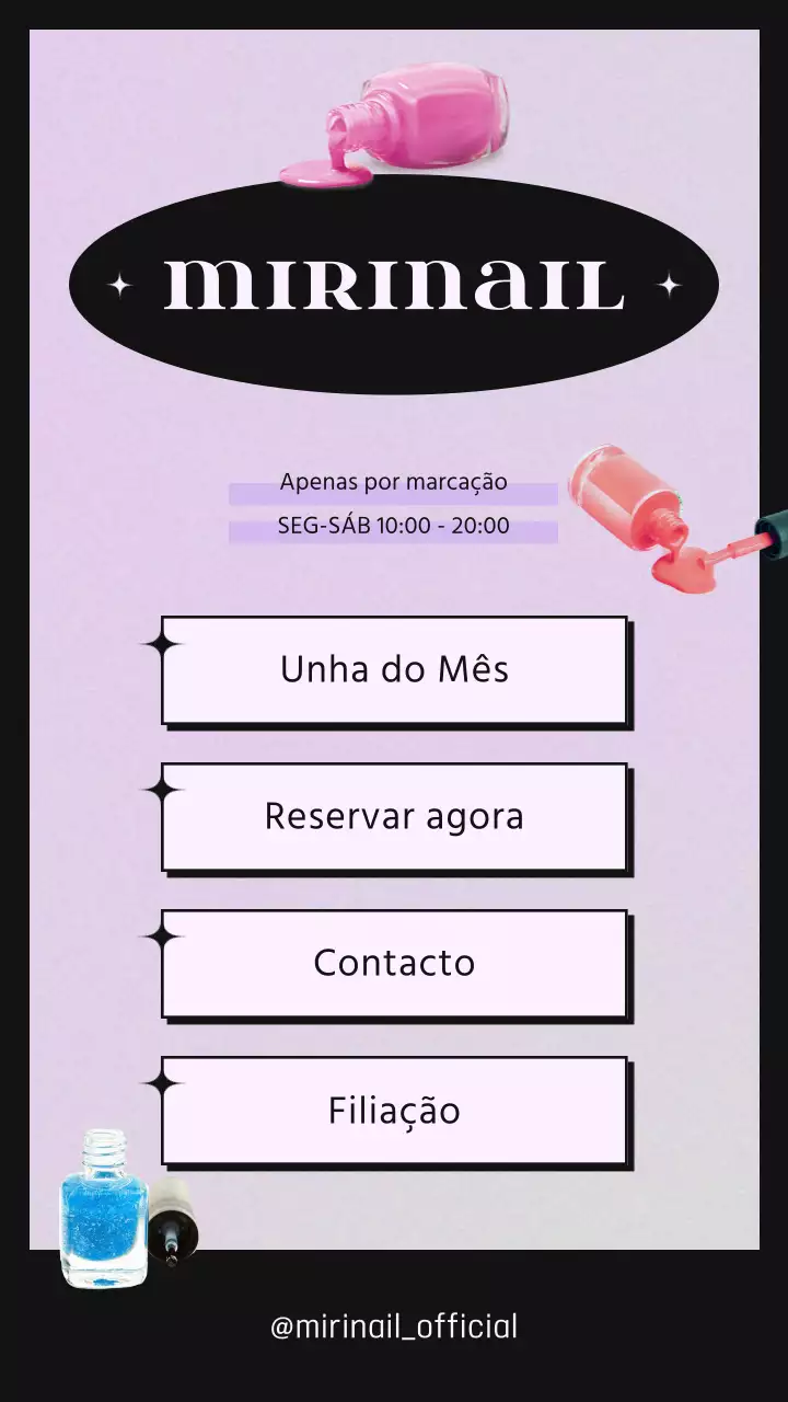 Conceito kitsch preto e roxo de salão de manicura nota promocional de linky
