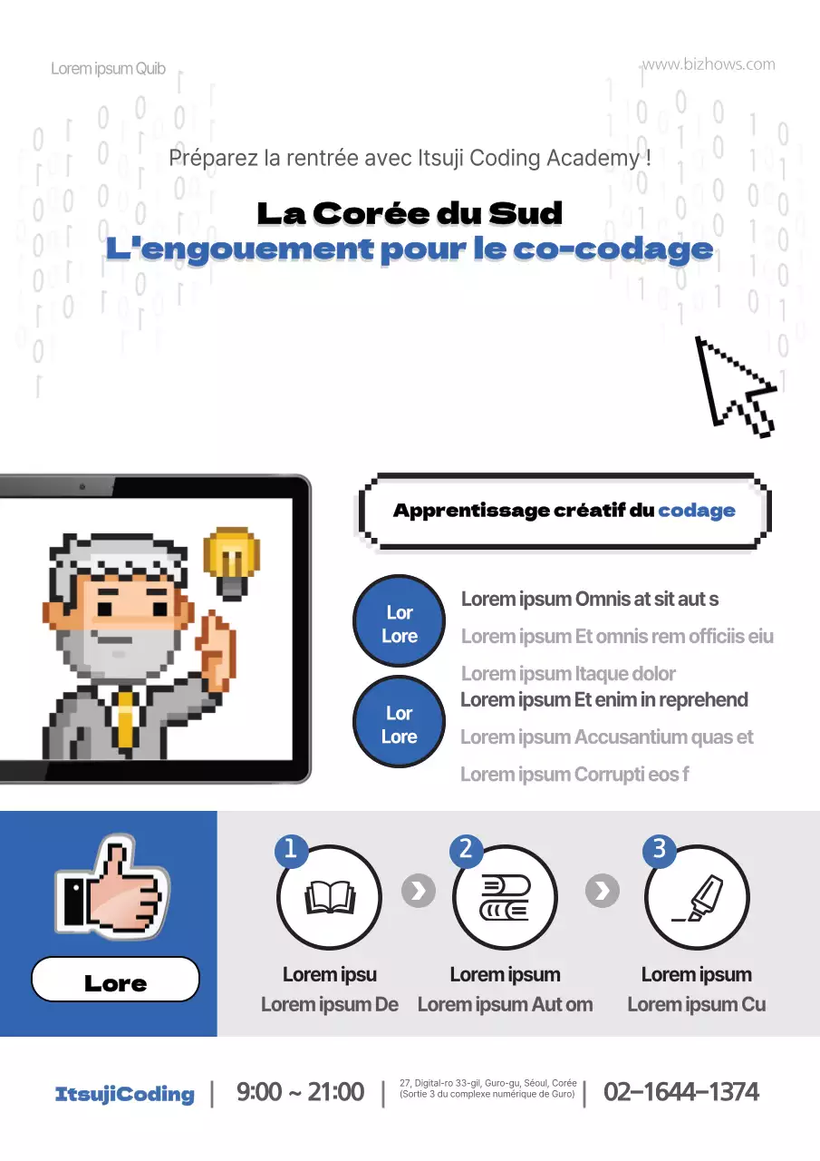 Un prospectus pour une école de programmation et de codage en blanc et bleu.