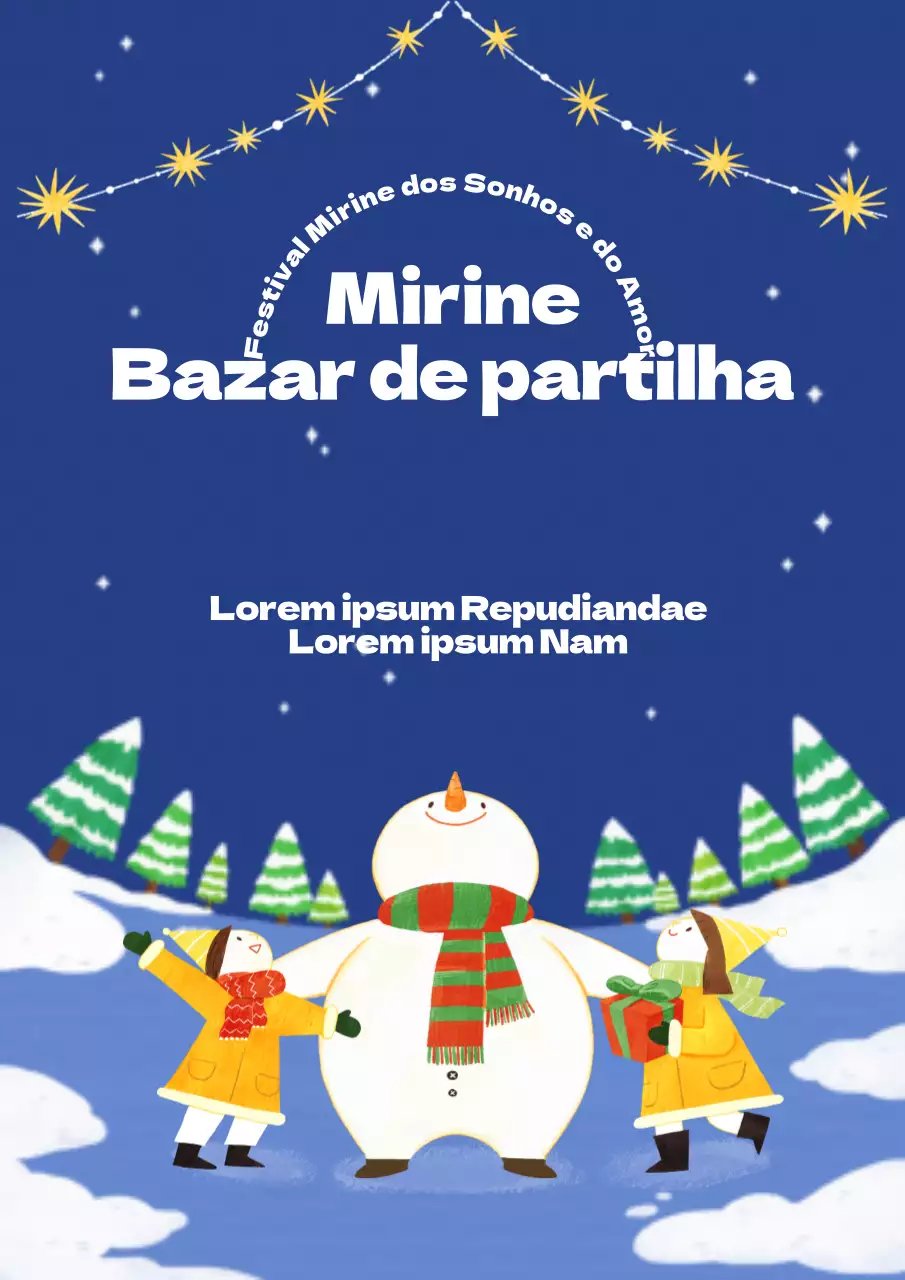 Folheto ilustrado de uma feira da ladra em azul-marinho