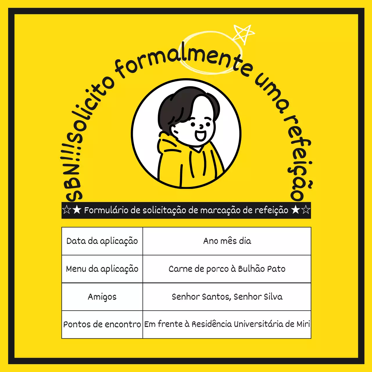 Um formulário de pedido de refeição giro, amarelo e divertido
