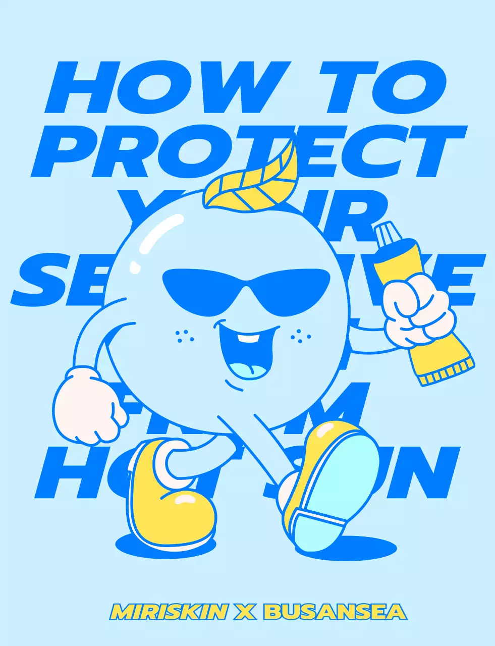 青と黄色の歩いているキャラクターがいる化粧品会社のポップアップストアスタッフ用のデザイン。