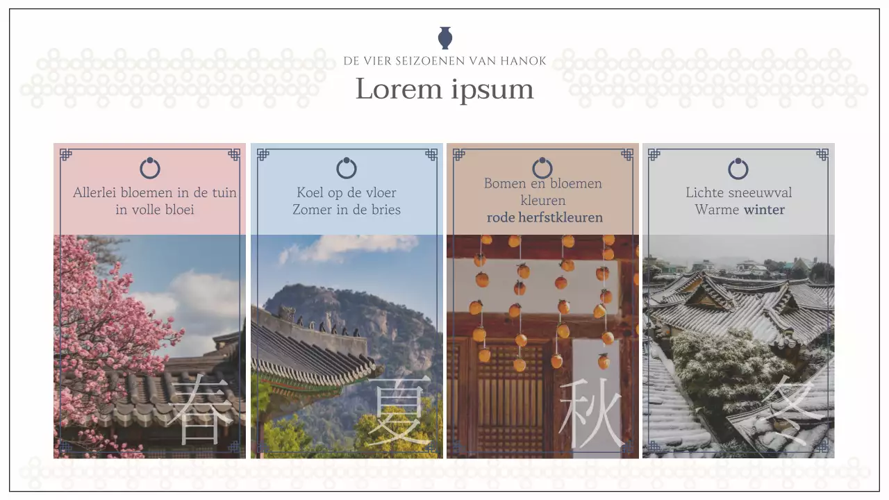 Een hanok verhuurruimte met ivoorkleurige, sentimentele vormen