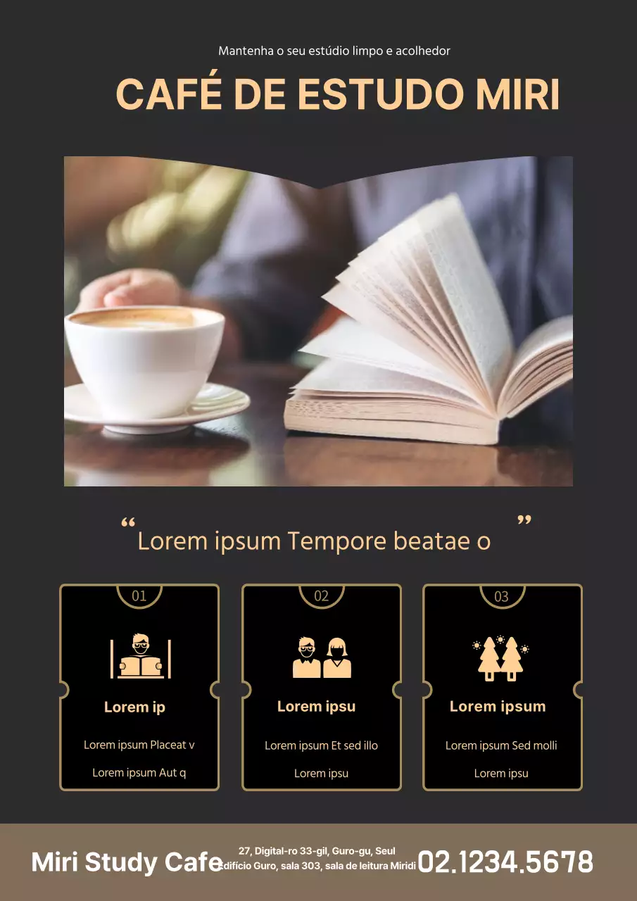 Promover o Ganjin Study Café com fotografias e ícones a preto e dourado