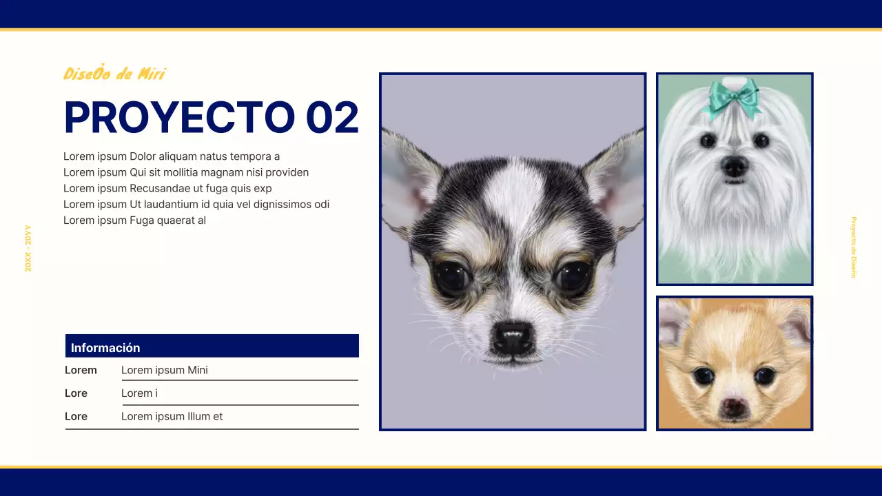 Portafolio de diseño para un concepto retro vintage en azul marino y amarillo