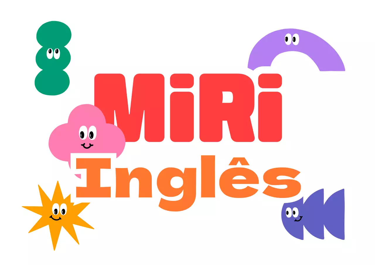 Um desenho promocional para uma escola de inglês com uma variedade de personagens coloridas.