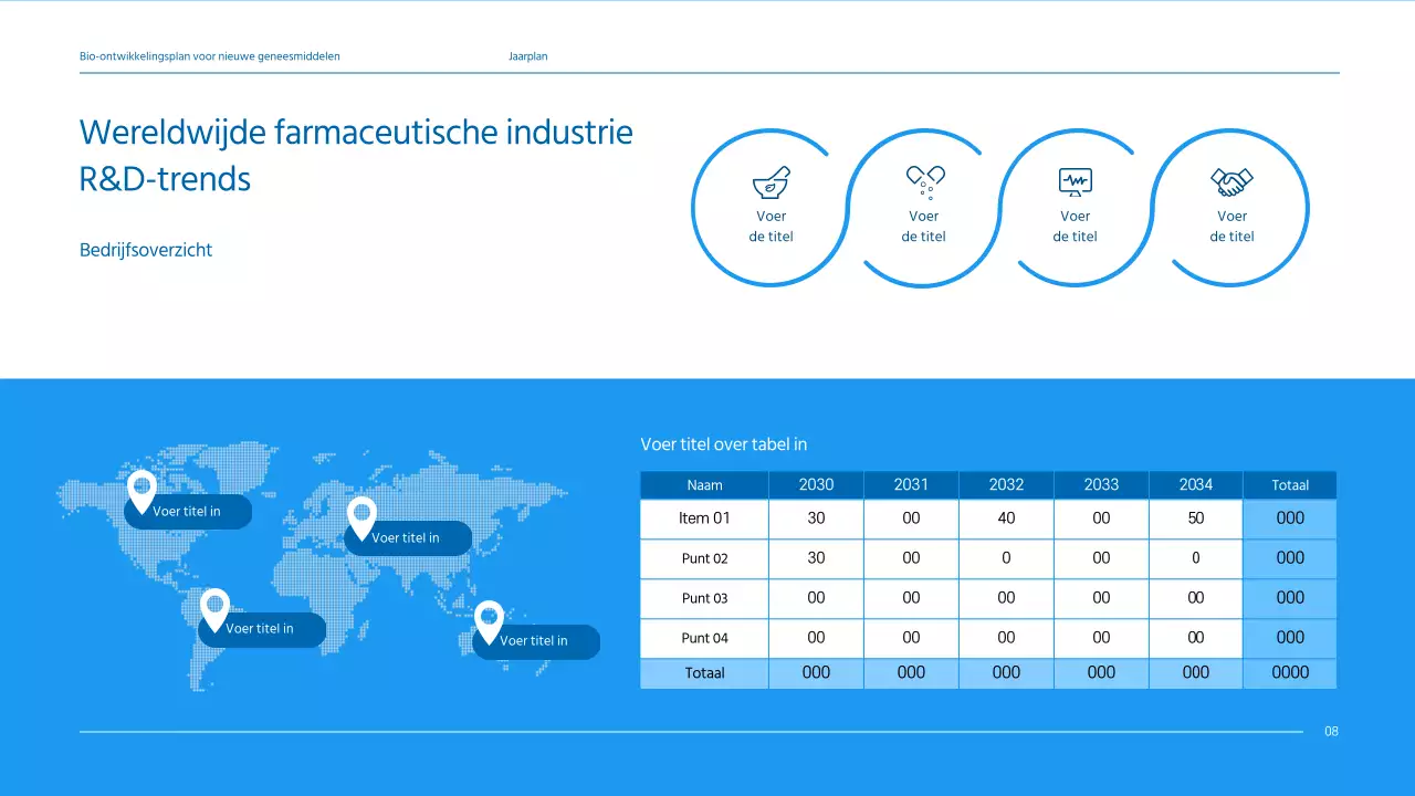 Een strak, blauw getint businessplan voor een farmaceutisch bedrijf dat een nieuw medicijn ontwikkelt.