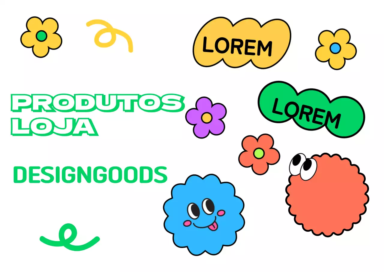 Design de loja de artigos com ilustrações bonitas e coloridas de formas, personagens e flores