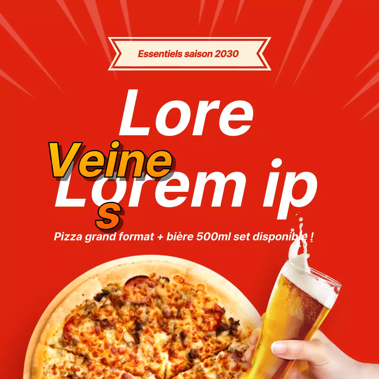 Promouvoir une pizza, une bière, un set d'acclamations en rouge