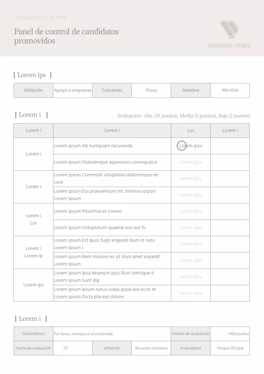 Hoja de evaluación de candidatos a ascensos, beige y limpia