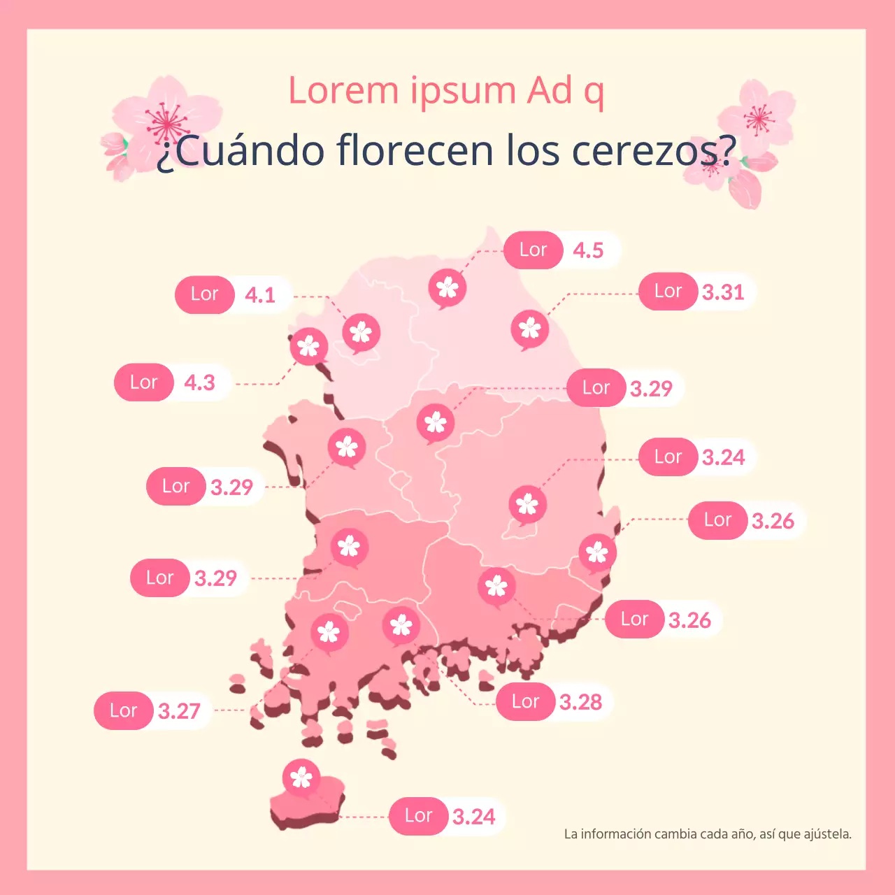 Puntos de floración y épocas de floración de los cerezos ilustrados en rosa