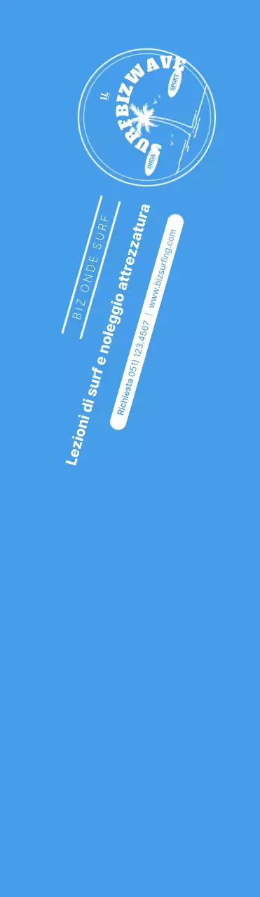 Un semplice logo blu e giallo con l'emblema del surf per promuovere il negozio.