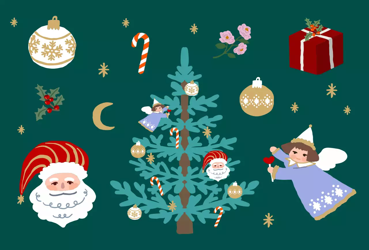 Christmas Ornaments Holiday Card with Cute Illustrations in Green Color