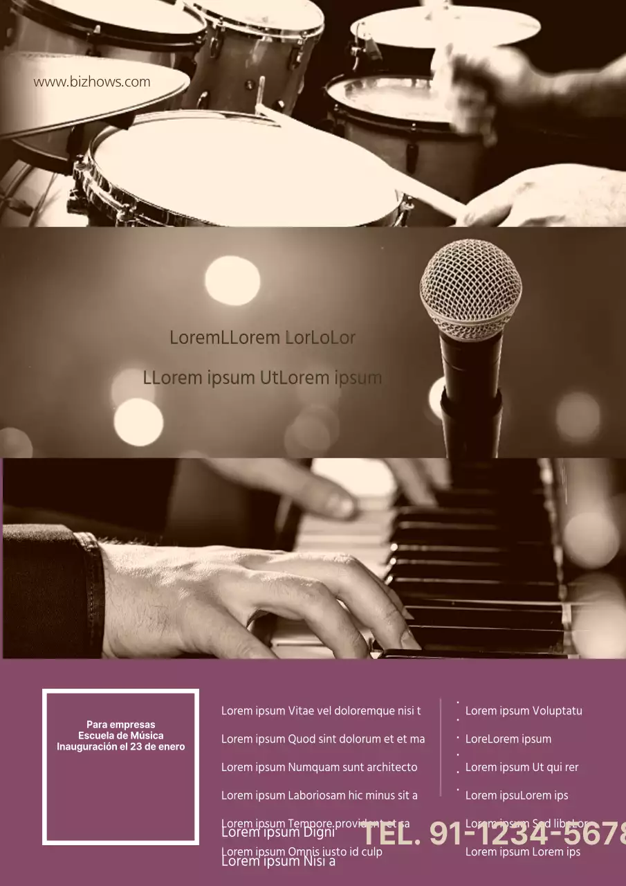 Promocione una escuela de música práctica con una emotiva foto de una actuación musical en color morado.