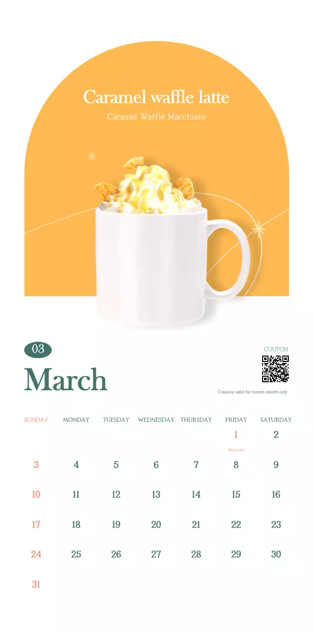 Cafe calendar with drink of the month recommendations