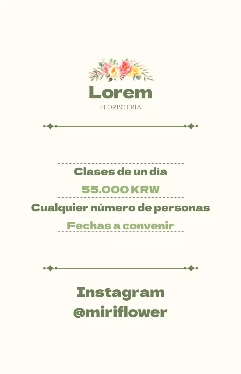 Promocione una clase de un día con texto en verde y marfil e ilustraciones florales