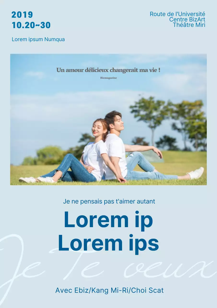 Faites la promotion d'un simple concert avec la photo d'un couple dans un parc en bleu clair.