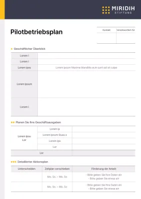 Formblatt für einen operativen Plan für ein Unternehmenspilotprojekt in gelb-blauen Punktfarben