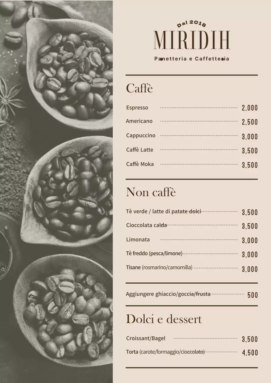 Poster del menu del caffè con foto nei toni caldi del beige