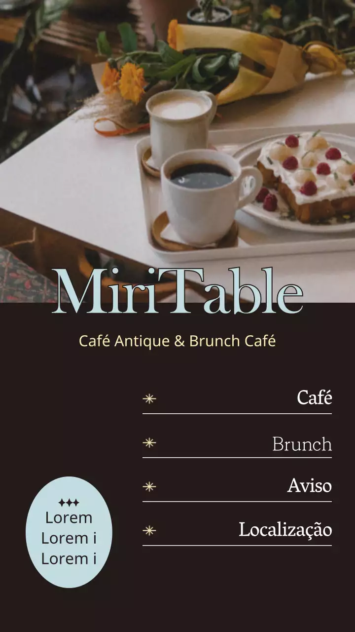 Nota promocional de café brunch vintage com ênfase em fotografia azul clara castanha