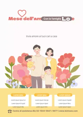 Una bella guida concettuale per gli anniversari di famiglia di maggio con fiori gialli e rosa e illustrazioni di famiglie