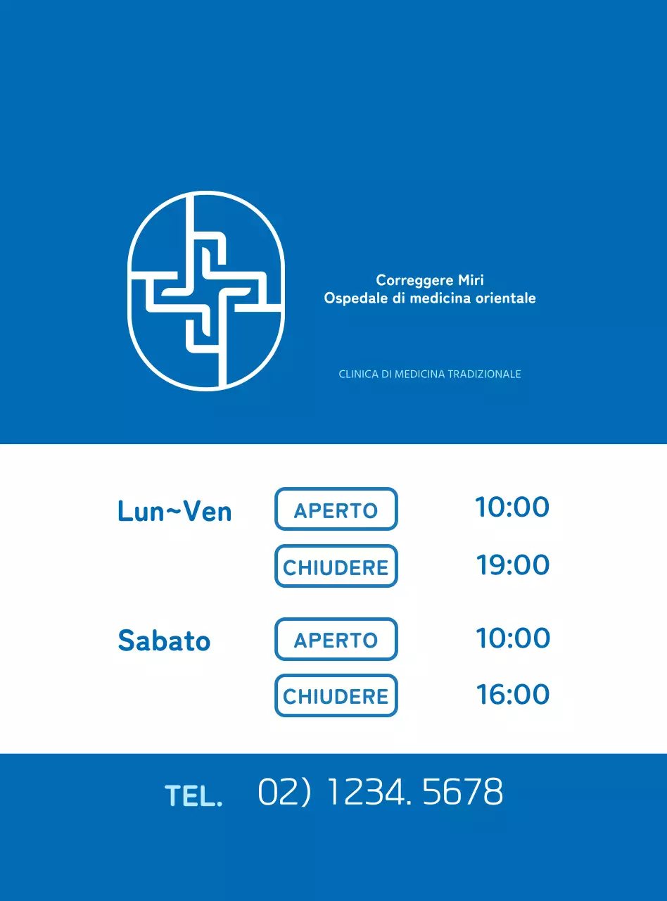 Informazione e promozione delle cliniche di medicina orientale con un concetto pulito in bianco e blu